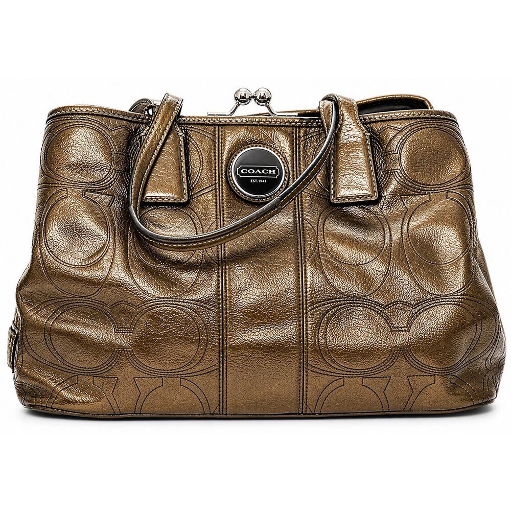 COACH Embossed Leather Logo Signature Satchel Bag Metallic Gold Shoulder Purse
